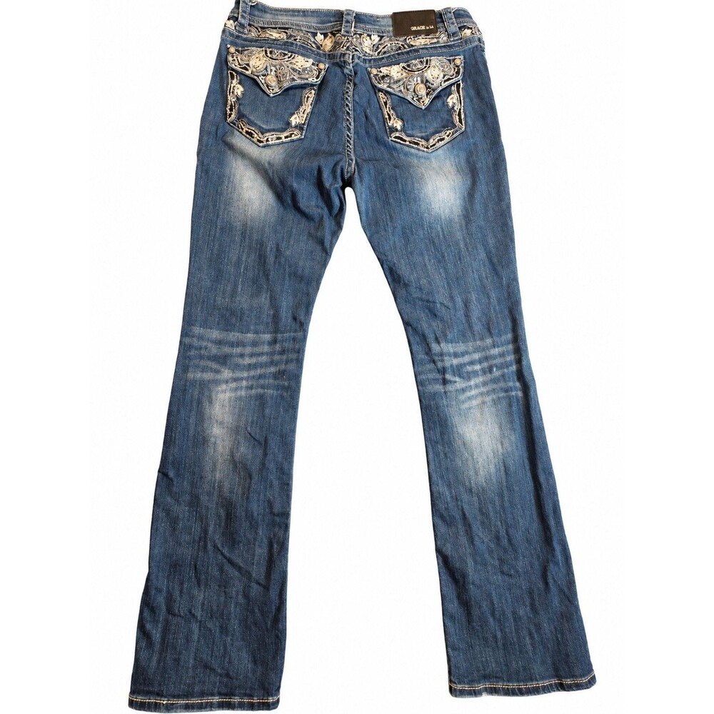 Grace in LA Women’s Bootcut Jeans Easy Fit Medium Wash Blue Denim Embellished 32